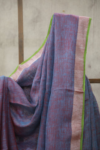 Two Tone Blue Plain Linen Saree With Tassels-SRTTBPLS176