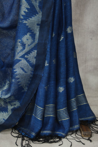 Peacock Blue Linen Jamdani Saree -SRPBLJS280