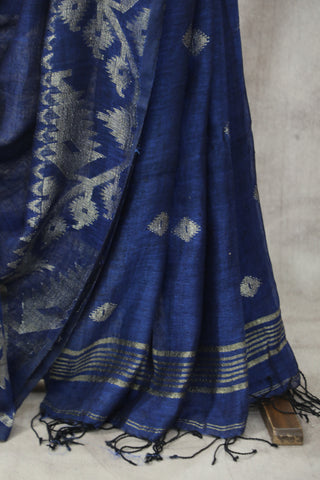 Dark Blue Linen Jamdani Saree -SRDBLJS279