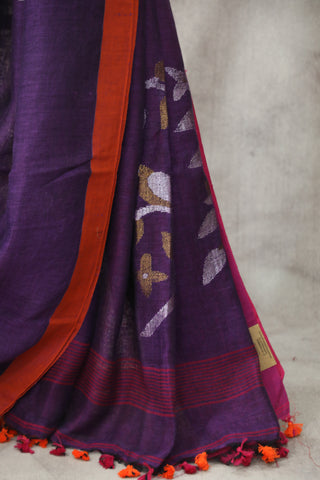 Purple Linen Jamdani Saree -SRPLJS293