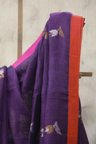 Purple Linen Jamdani Saree -SRPLJS293