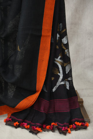 Black Linen Jamdani Saree -SRBLJS295