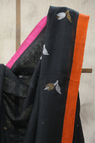 Black Linen Jamdani Saree -SRBLJS295