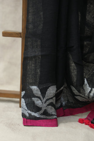 Black Linen Jamdani Saree -SRBLJS252