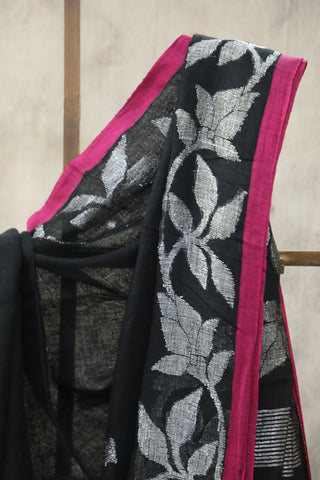 Black Linen Jamdani Saree -SRBLJS252