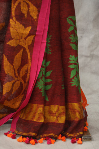 Maroon Linen Jamdani Saree -SRMLJS251