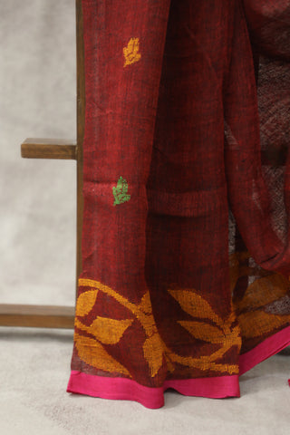 Maroon Linen Jamdani Saree -SRMLJS251