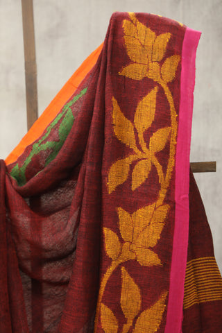 Maroon Linen Jamdani Saree -SRMLJS251