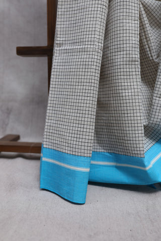 White Big Checks Cotton Patteda Anchu Saree With Sky Blue Border -SRWPAS61