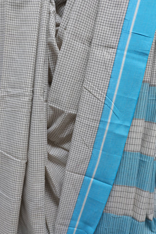 White Big Checks Cotton Patteda Anchu Saree With Sky Blue Border -SRWPAS61