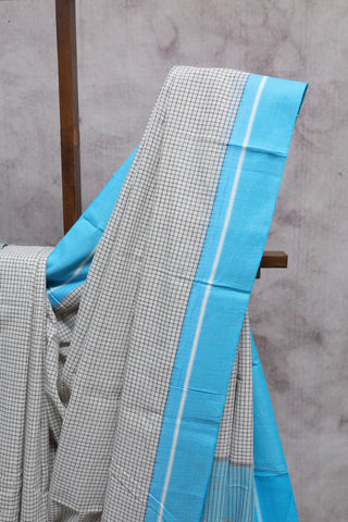 White Big Checks Cotton Patteda Anchu Saree With Sky Blue Border -SRWPAS61