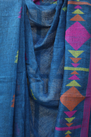 Blue Linen Jamdani Saree -SRBLJS269