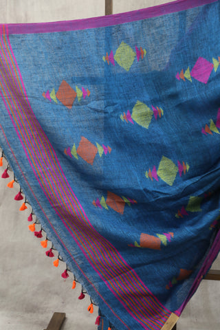 Blue Linen Jamdani Saree -SRBLJS269