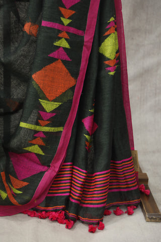 Black Linen Jamdani Saree -SRBLJS277