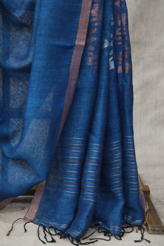 Blue Linen Jamdani Saree -SRBLJS257