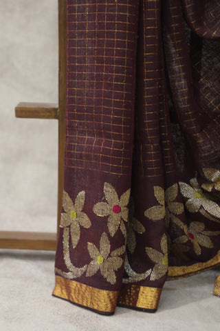 Wine Linen Jamdani Saree -SRWLJS286