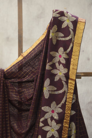 Wine Linen Jamdani Saree -SRWLJS286