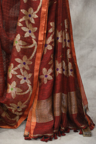 Maroon Linen Jamdani Saree -SRMLJS285