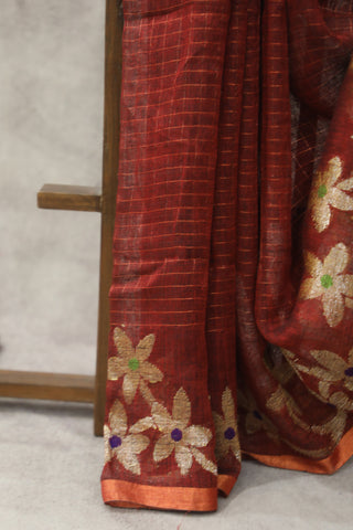 Maroon Linen Jamdani Saree -SRMLJS285