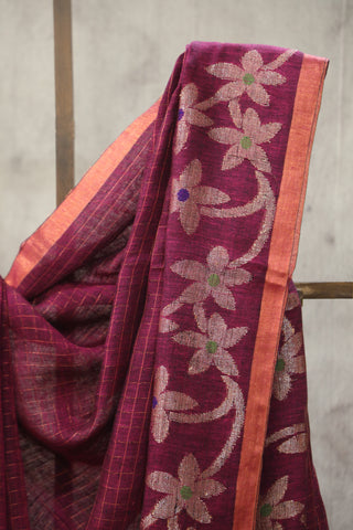 Magenta Linen Jamdani Saree -SRMLJS284