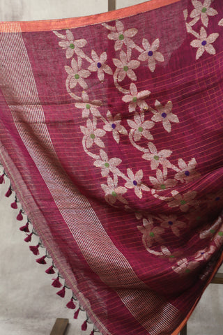 Magenta Linen Jamdani Saree -SRMLJS284