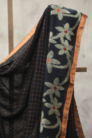 Black Linen Jamdani Saree -SRBLJS282