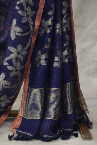 Blue Linen Jamdani Saree -SRBLJS292