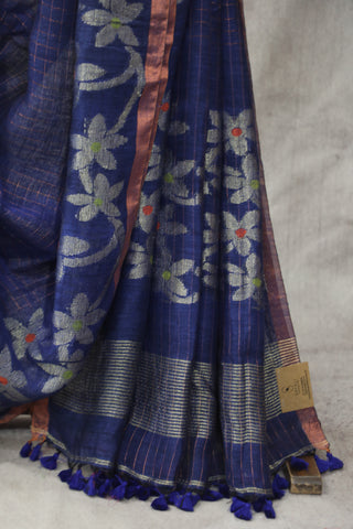 Blue Linen Jamdani Saree -SRBLJS291