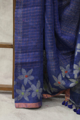 Blue Linen Jamdani Saree -SRBLJS291