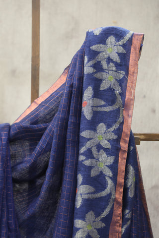 Blue Linen Jamdani Saree -SRBLJS291