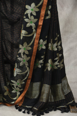 Black Linen Jamdani Saree -SRBLJS288