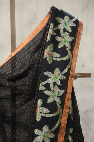 Black Linen Jamdani Saree -SRBLJS288