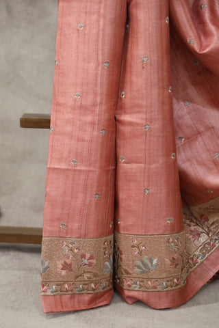 Peach Machine Embroidered Tussar Silk Saree - SRPMETSS925