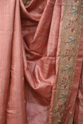 Peach Machine Embroidered Tussar Silk Saree - SRPMETSS925