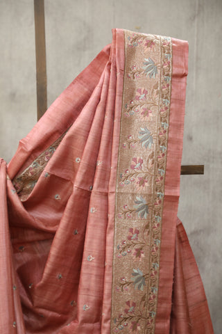 Peach Machine Embroidered Tussar Silk Saree - SRPMETSS925