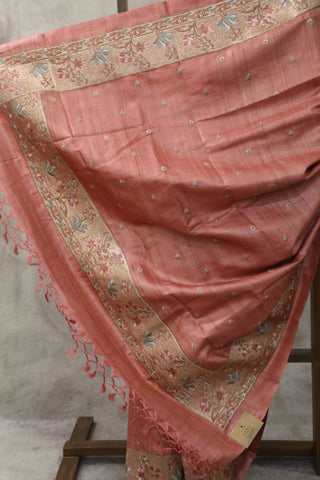 Peach Machine Embroidered Tussar Silk Saree - SRPMETSS925