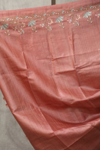 Peach Machine Embroidered Tussar Silk Saree - SRPMETSS925