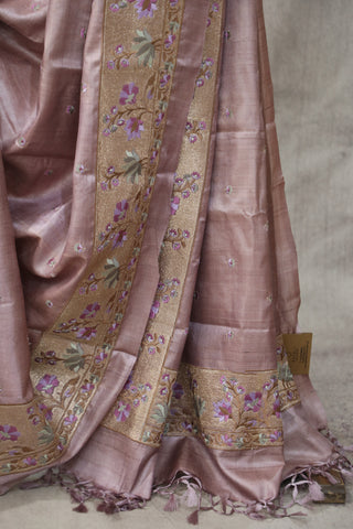 Lilac Machine Embroidered Tussar Silk Saree - SRLMETSS926