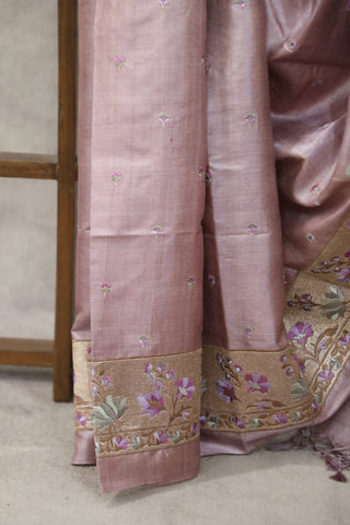 Lilac Machine Embroidered Tussar Silk Saree - SRLMETSS926