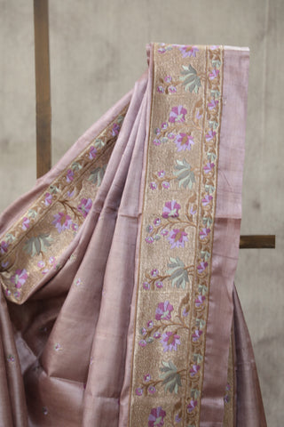 Lilac Machine Embroidered Tussar Silk Saree - SRLMETSS926