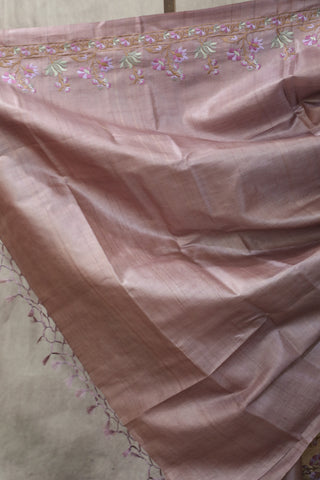 Lilac Machine Embroidered Tussar Silk Saree - SRLMETSS926