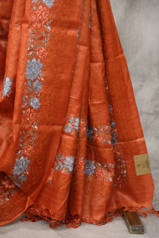 Neon Orange Machine Embroidered Tussar Silk Saree - SRNOMETSS924