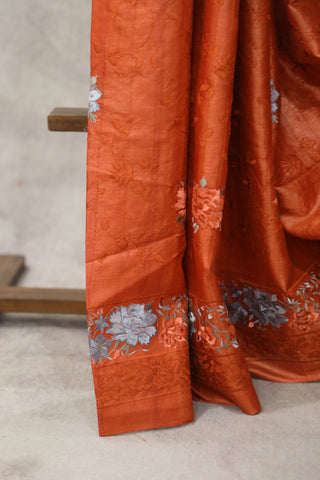 Neon Orange Machine Embroidered Tussar Silk Saree - SRNOMETSS924