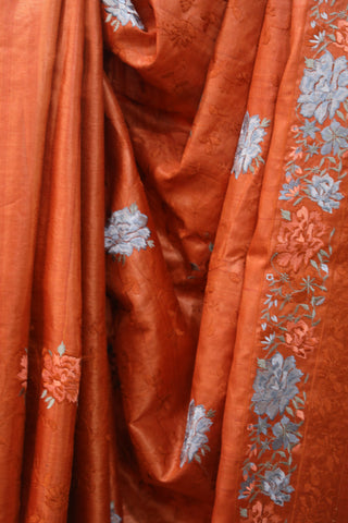 Neon Orange Machine Embroidered Tussar Silk Saree - SRNOMETSS924