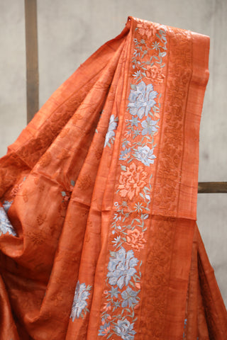 Neon Orange Machine Embroidered Tussar Silk Saree - SRNOMETSS924