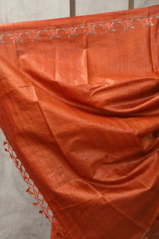 Neon Orange Machine Embroidered Tussar Silk Saree - SRNOMETSS924