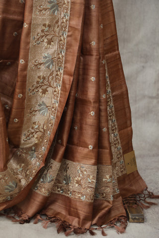 Brown Machine Embroidered Tussar Silk Saree - SRBMETSS927