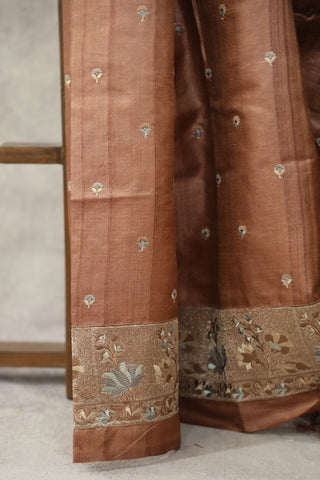 Brown Machine Embroidered Tussar Silk Saree - SRBMETSS927