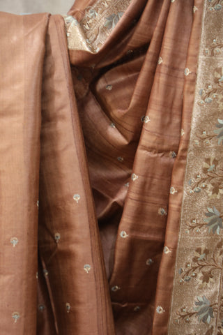 Brown Machine Embroidered Tussar Silk Saree - SRBMETSS927