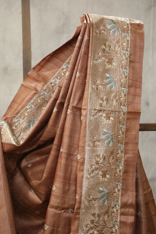 Brown Machine Embroidered Tussar Silk Saree - SRBMETSS927